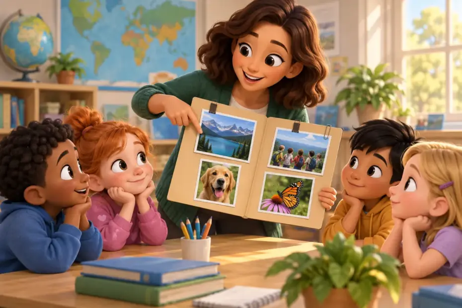 A teacher shows photographs clipped to a report folder.