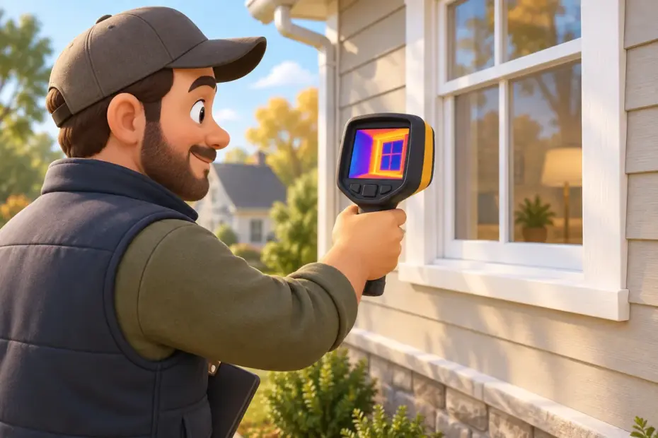A building inspector scans a window and wall with an infrared camera.