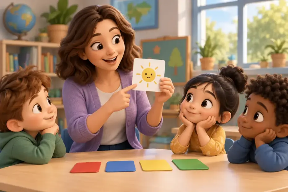 A teacher shows a small sun picture card beside colored tiles.