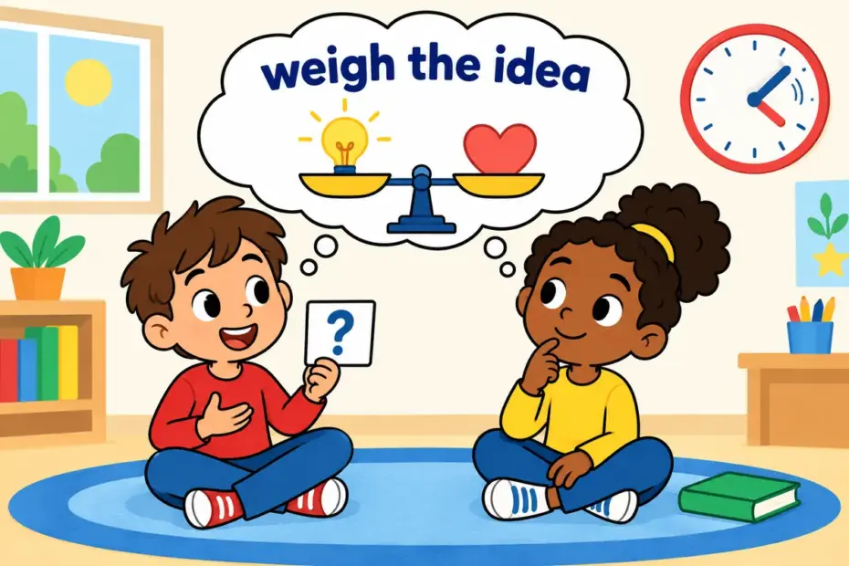 Cartoon pupils sit with a shared thought bubble, showing think about in a sentence as quietly weighing an idea.