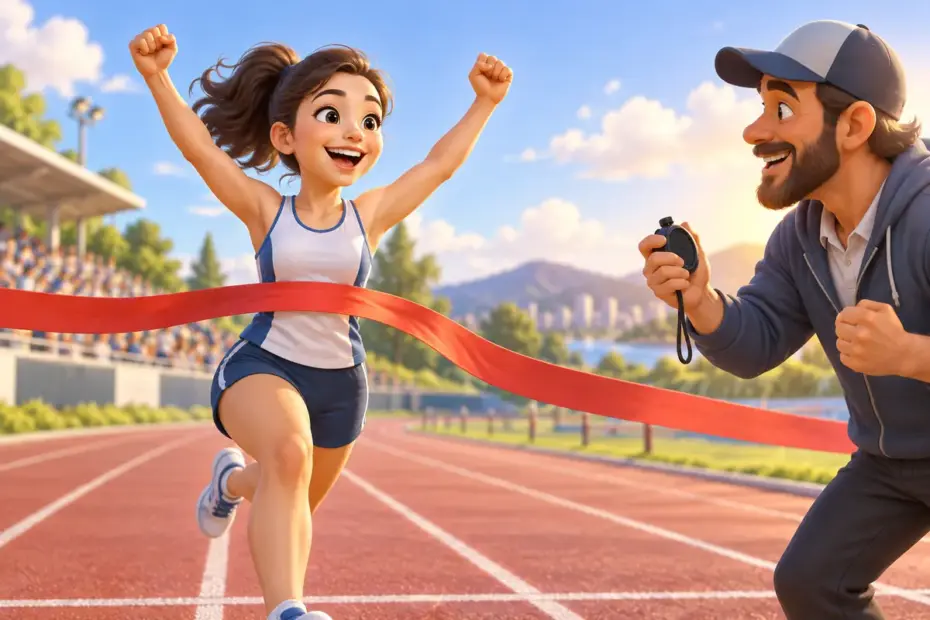 A runner crosses a finish ribbon while a coach holds an unmarked stopwatch.