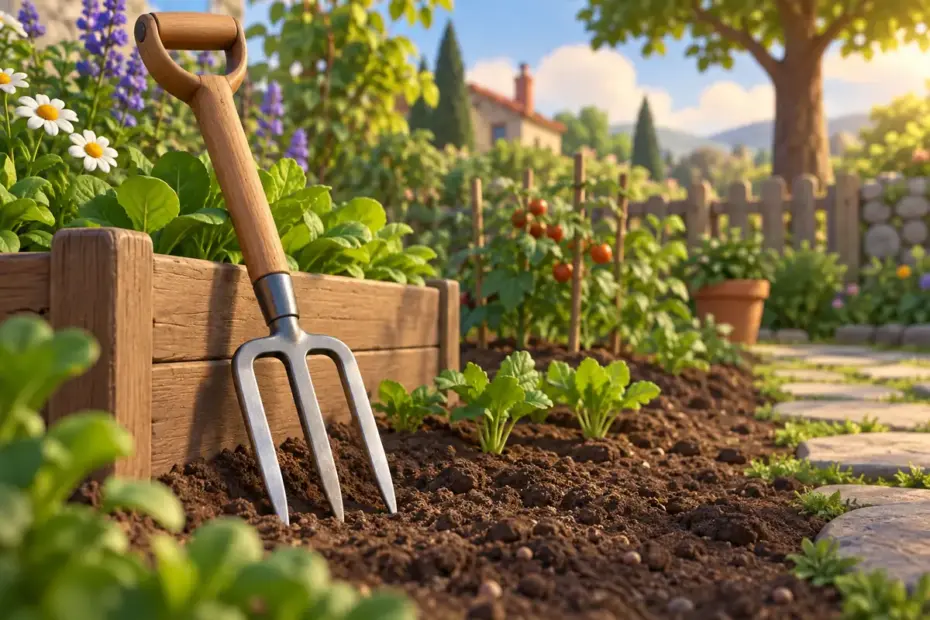 A garden fork with three clearly separated metal tines rests beside a garden bed.