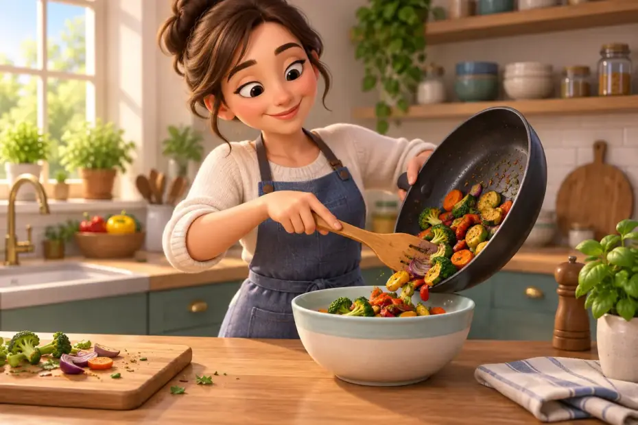 A cook places leftover vegetables into a bowl.