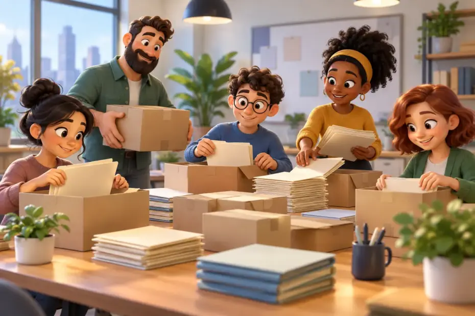 A team sorts many boxes and blank folders around a meeting table.