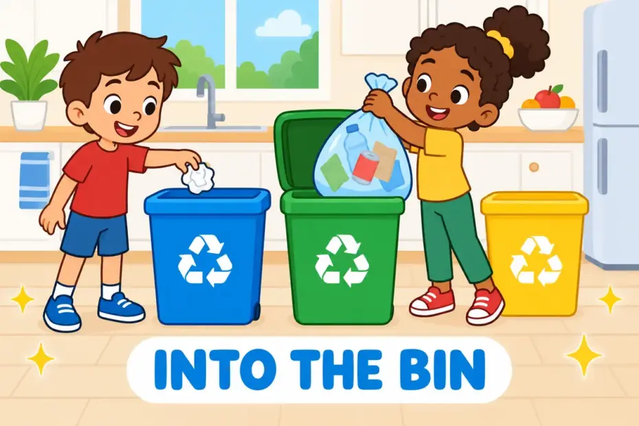 Cartoon children throw away packaging into a recycling bin, showing throw away in a sentence as discarding something.