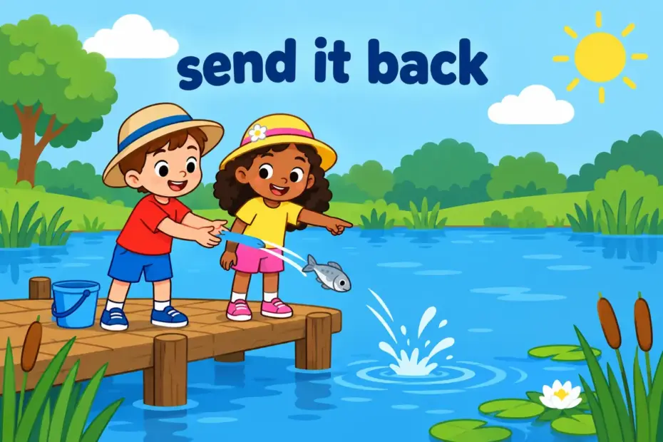 Cartoon children at a pond throw back a small fish they caught, showing throw back in a sentence as a return.
