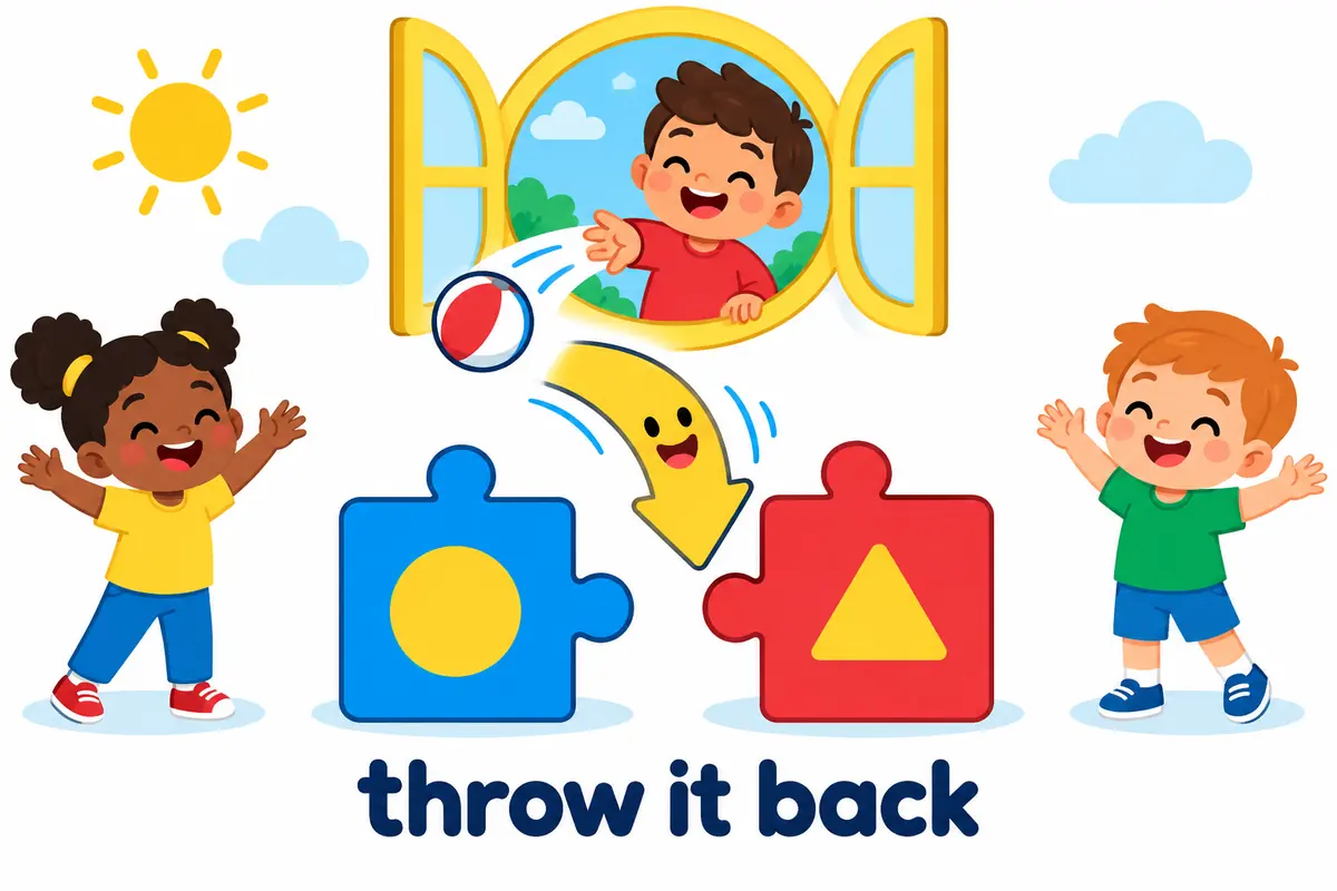 A cartoon child throws a ball back through an open window while an arrow shows a pronoun slotting between throw and back.