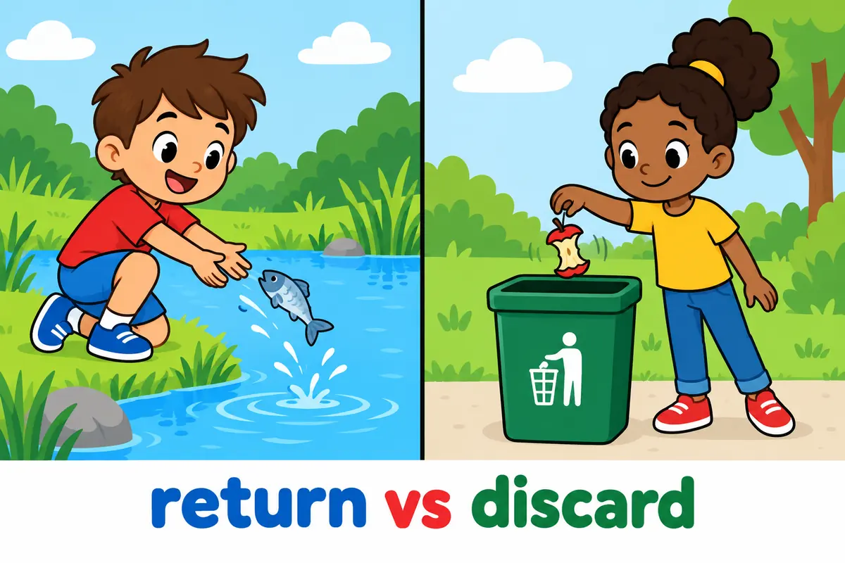 A cartoon child tosses a small fish back into a pond while a bin of rubbish stands apart, showing return versus discard.
