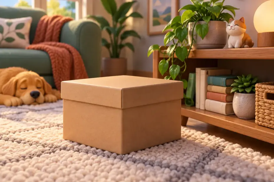 A closed box rests on a padded carpet beside a low shelf.