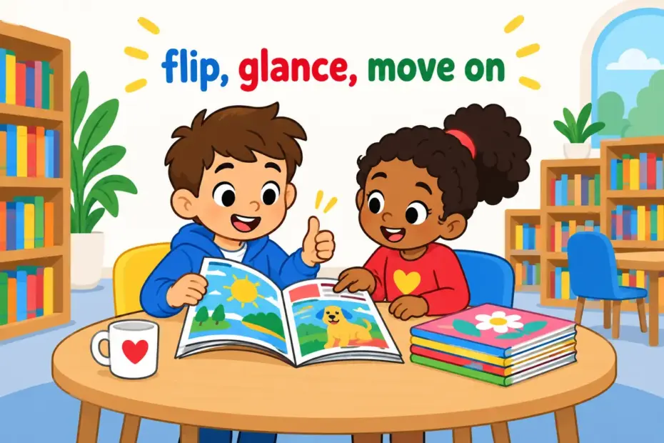 Cartoon child flips the pages of a magazine, showing thumb through in a sentence as a quick page-turning scan for one item.