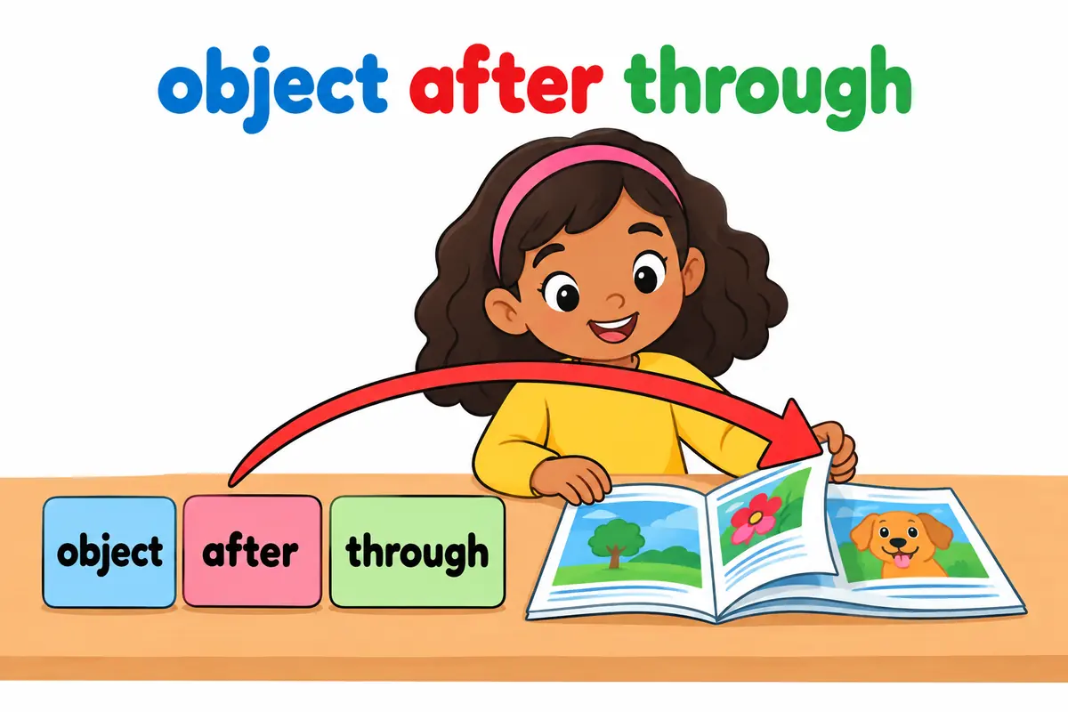 A cartoon child turns the pages of a magazine while a large arrow shows the object staying after the word through.