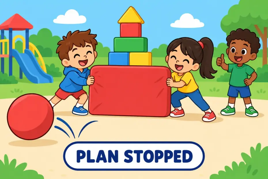 Cartoon children hold a barrier to stop a rolling ball reaching a tower of blocks, illustrating thwart in a sentence.