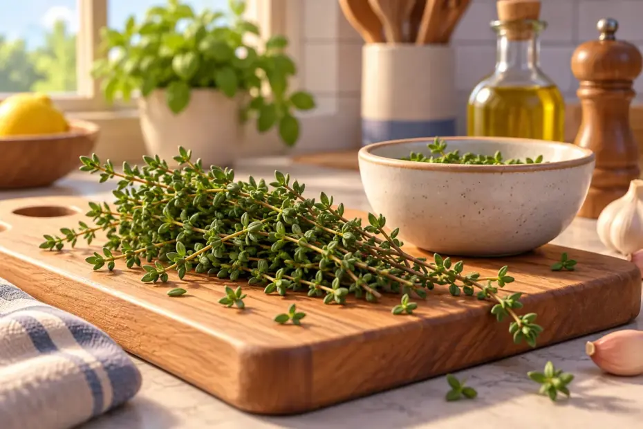 Fresh thyme sprigs rest on a kitchen board beside a bowl.