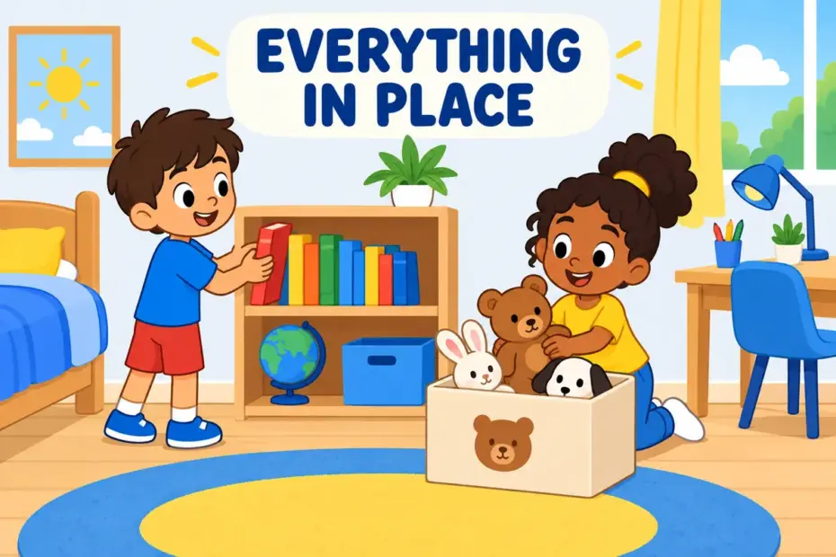 Cartoon children shelve books and toys neatly in a bright room, showing tidy up in a sentence.