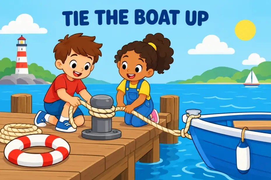 Cartoon children tie up a small boat with rope at a jetty, showing tie up in a sentence as fastening with cord.