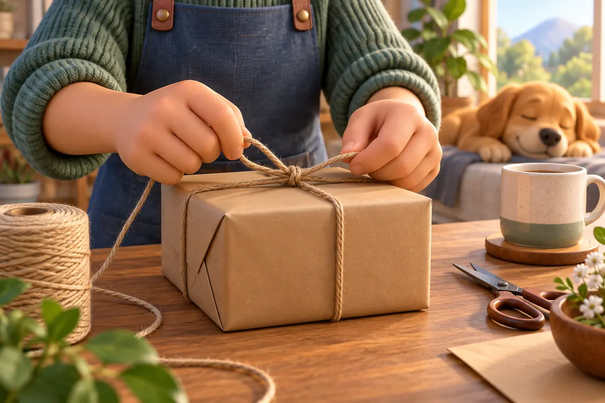 Hands fastening string around a parcel.