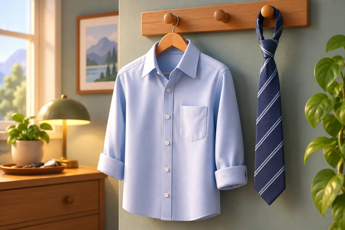 A necktie hanging neatly beside a shirt.