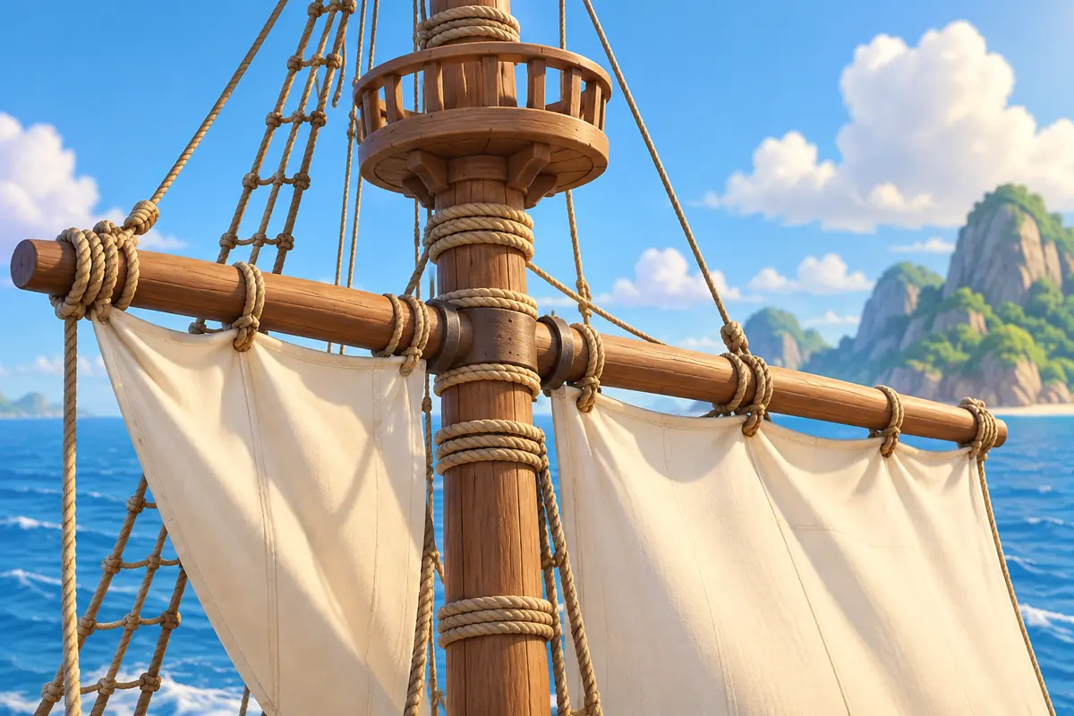 A sailing ship mast with rope and a horizontal yard.