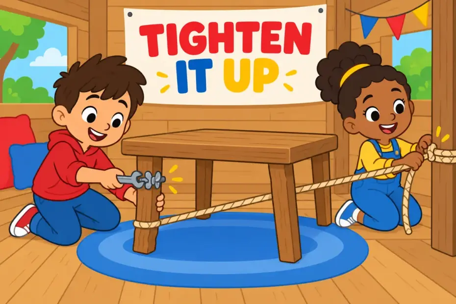Cartoon children tighten up a wobbly table leg and a loose rope, showing tighten up in a sentence as making something firmer.