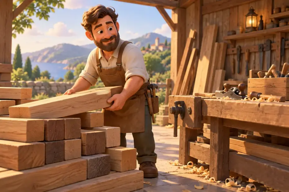 A carpenter sorts wooden beams beside a workbench.
