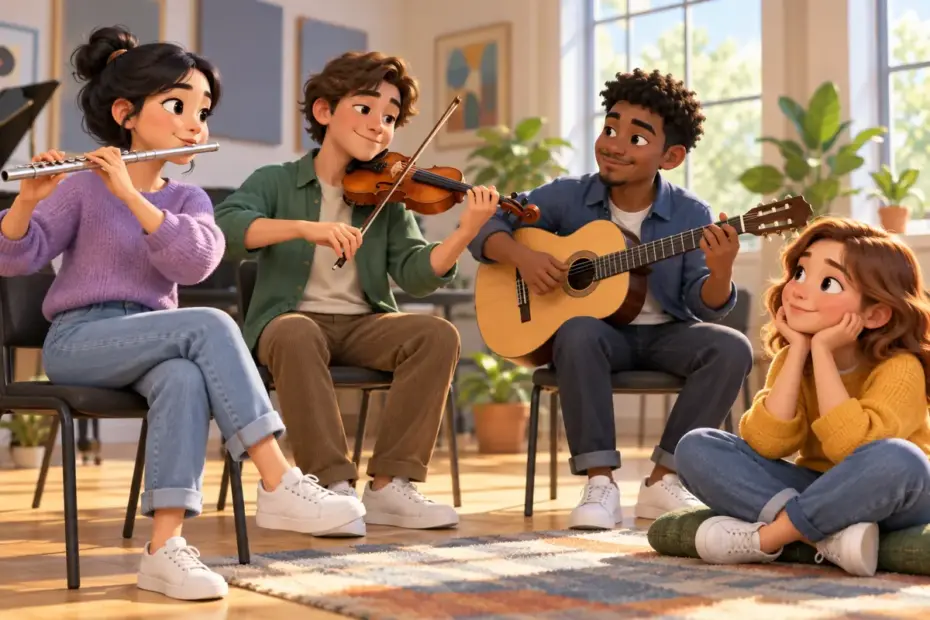 A music student listens as a flute, violin, and guitar play together in a bright rehearsal room.