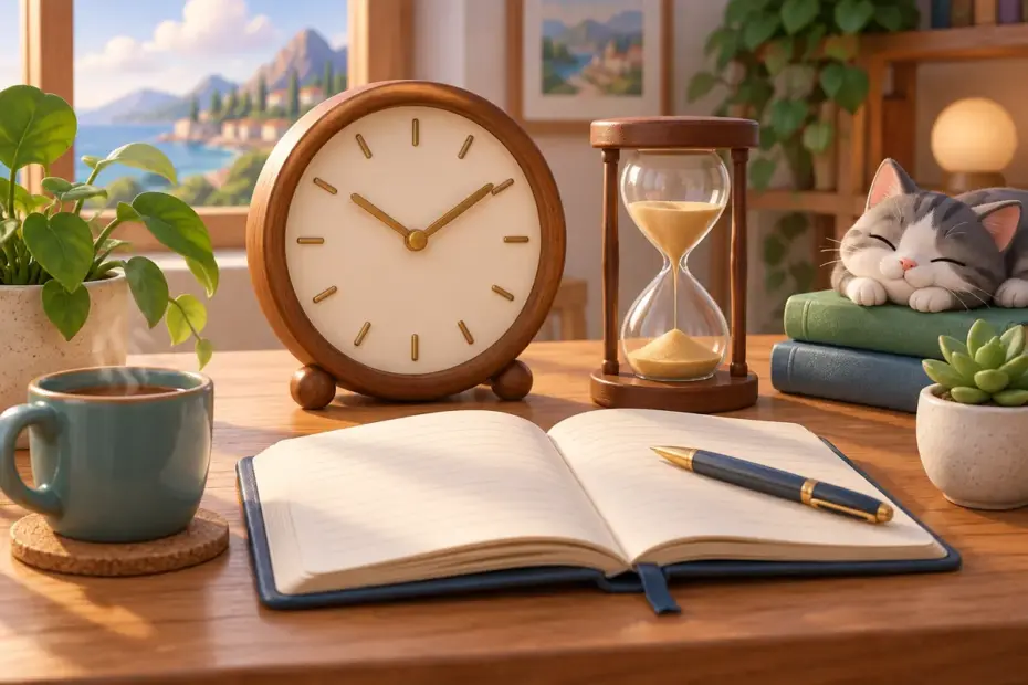 An unnumbered clock and simple hourglass stand beside an open notebook.