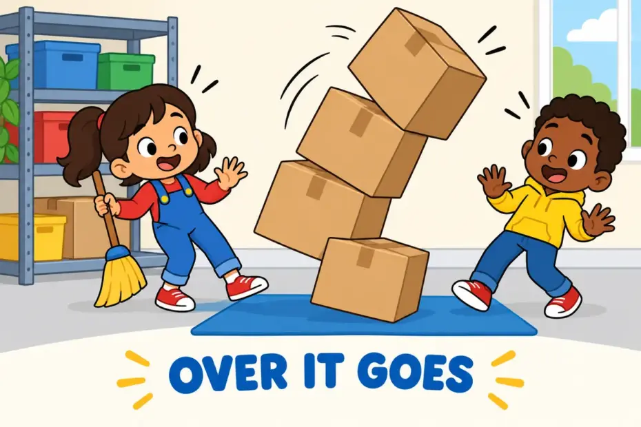 Cartoon children watch a tall stack of boxes topple onto its side, showing tip over in a sentence as a fall from lost balance.