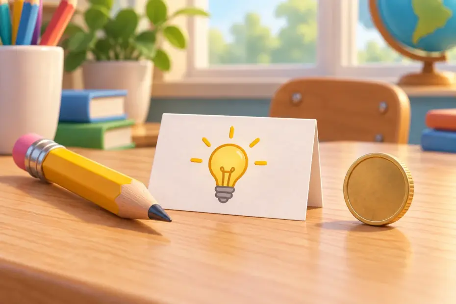 A pencil with a sharp point, a note card with a lightbulb icon, and a small coin sit together to illustrate different meanings of tip.