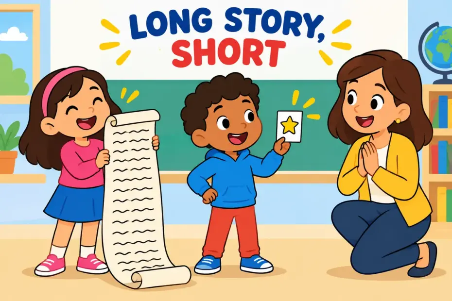 Cartoon children fold a long scroll into a single card, illustrating to make a long story short in a sentence as skipping to the point.