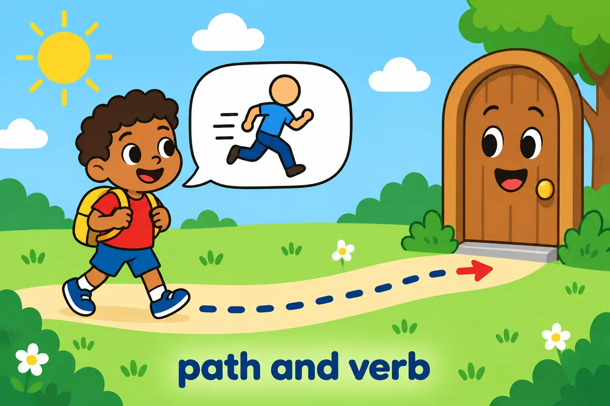 A cartoon child walks along a path towards a door while a speech card shows the infinitive to go, illustrating the two jobs of to.