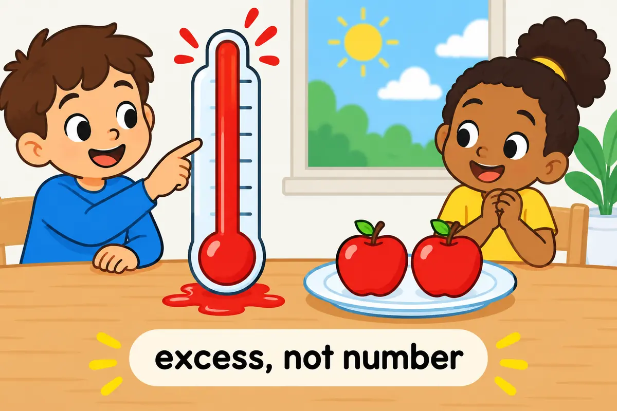 A single unified cartoon scene contrasts a thermometer labelled too with two apples on a plate, separating excess from the number 2.