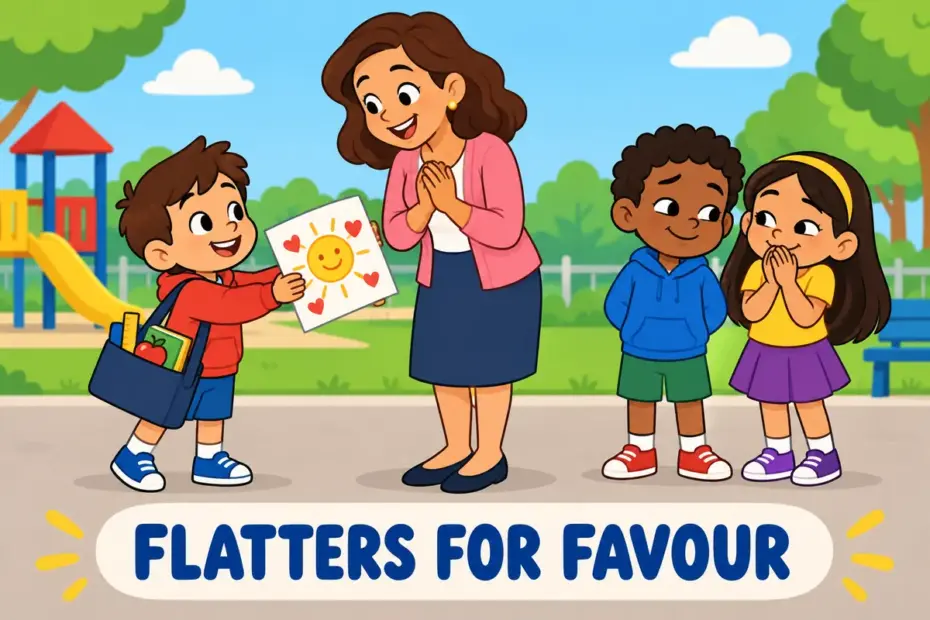 Cartoon children watch a pupil carry a teacher's bag while offering a big smile, showing toady in a sentence.
