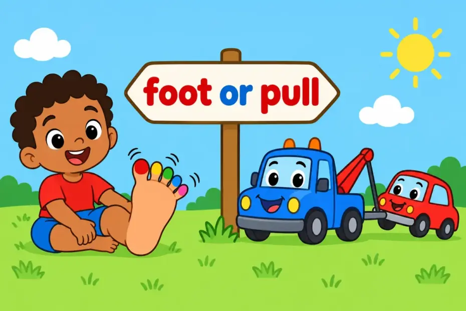 Cartoon children compare a bare foot with five toes and a small truck towing a car, showing toe vs tow in one picture.