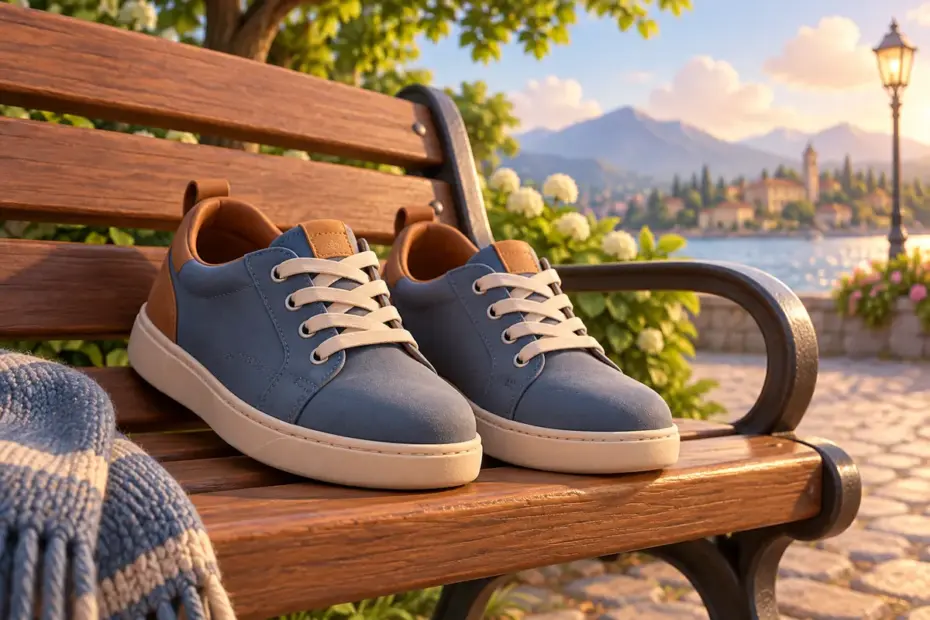 A rounded-toe shoe rests beside another shoe on a bench.