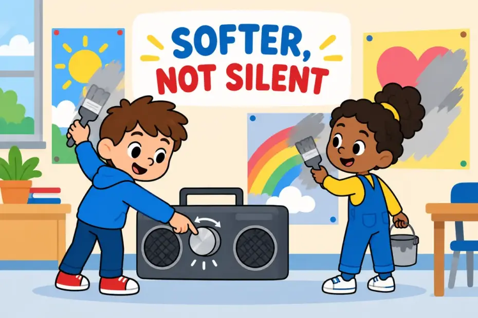 Cartoon pupils lower the volume of a boombox and soften bright posters, showing tone down in a sentence as making things gentler.