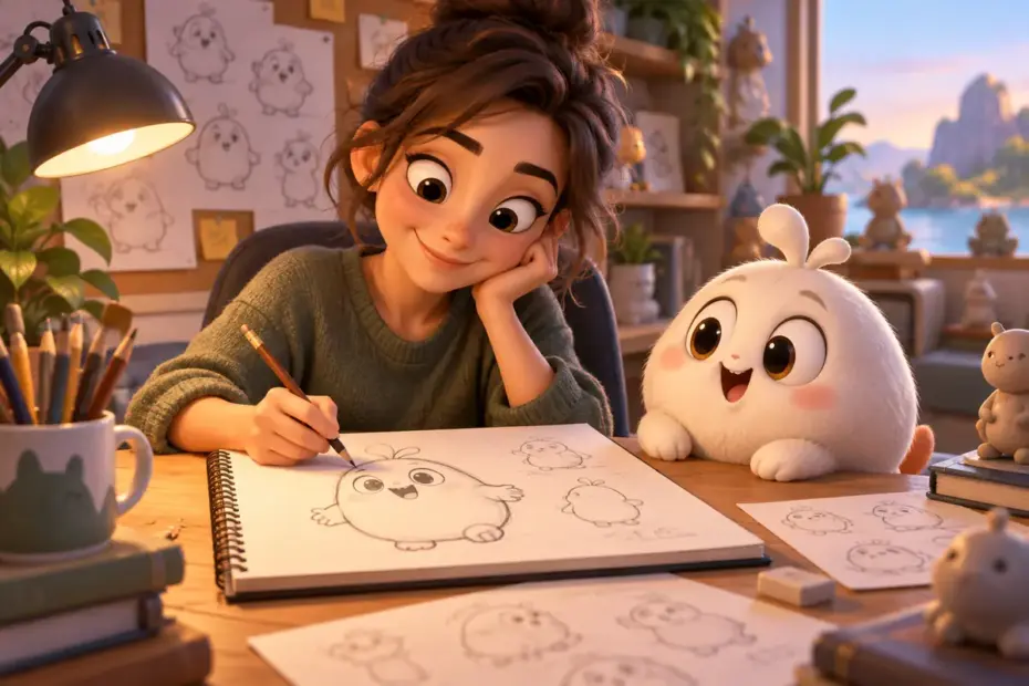 An animator sketching an original round cartoon creature.