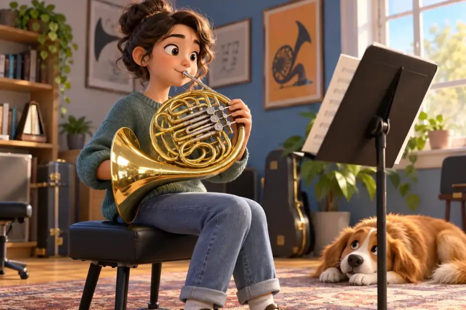 A horn player rehearsing in a music room.