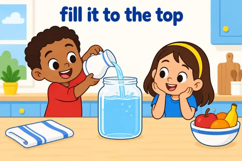 Cartoon children pour water into a half-full jug until it brims, illustrating top off in a sentence.