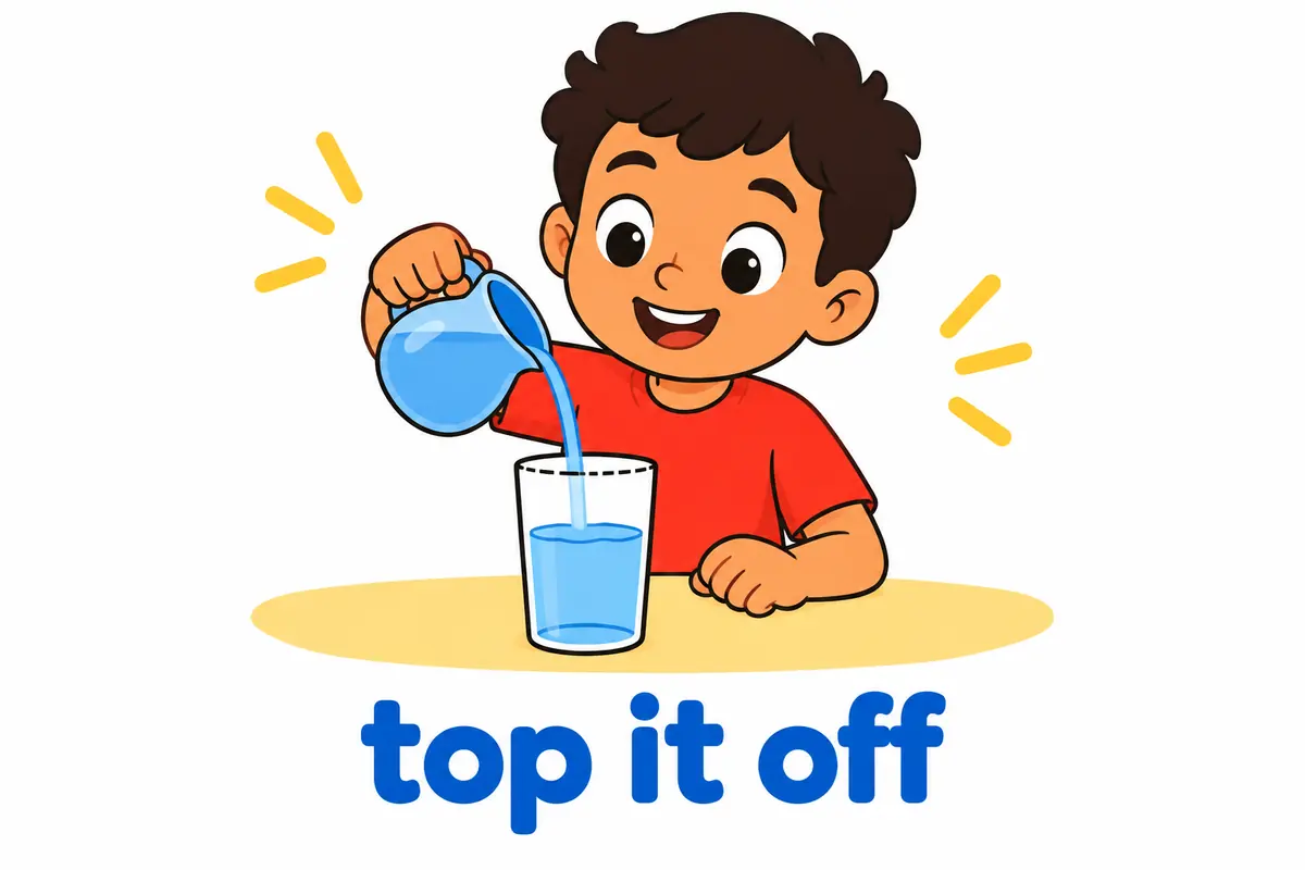 A cartoon child pours a jug of water into a glass that is already half full.