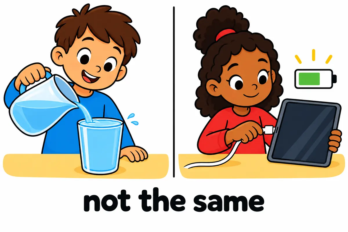 A cartoon split scene contrasts a child filling a glass to the brim with a child adding charge to a tablet.