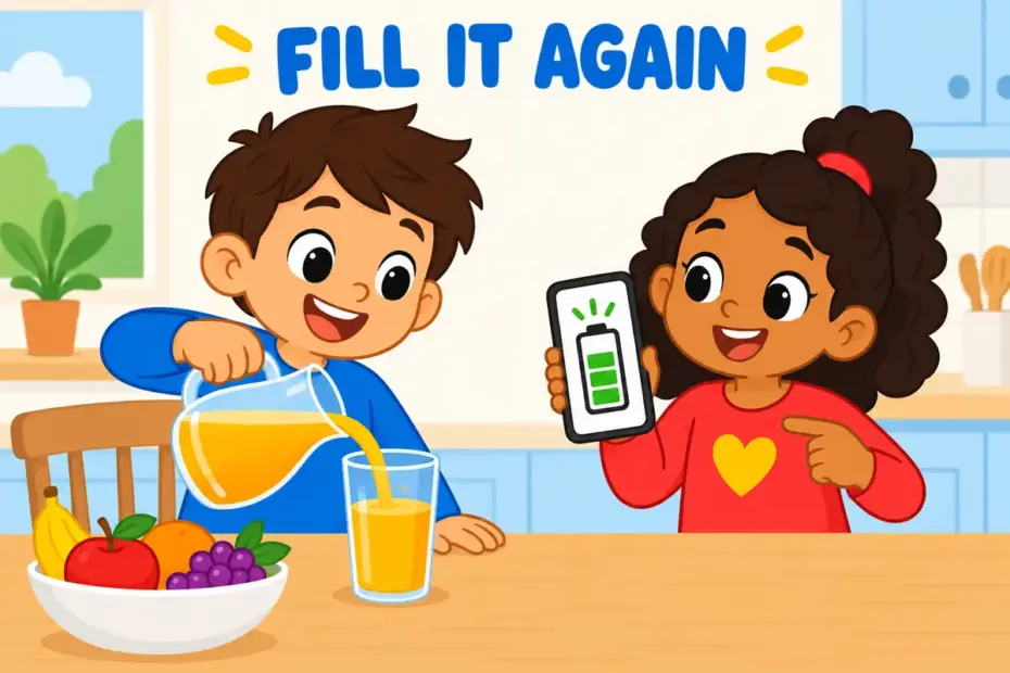 A cartoon child pours juice into a half-full glass, showing top up in a sentence as adding more to reach a level.