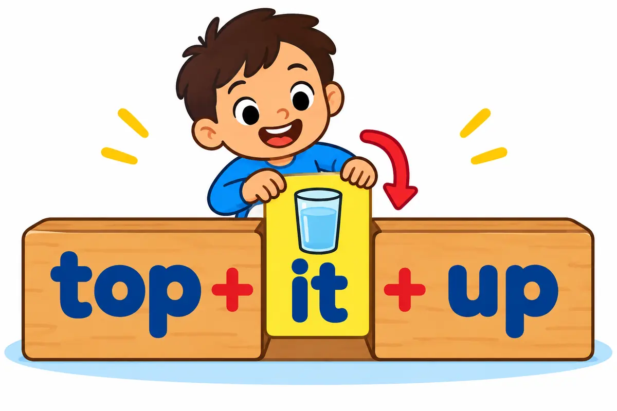 A cartoon child moves a pronoun card into the gap between top and up to show that the phrasal verb is separable.
