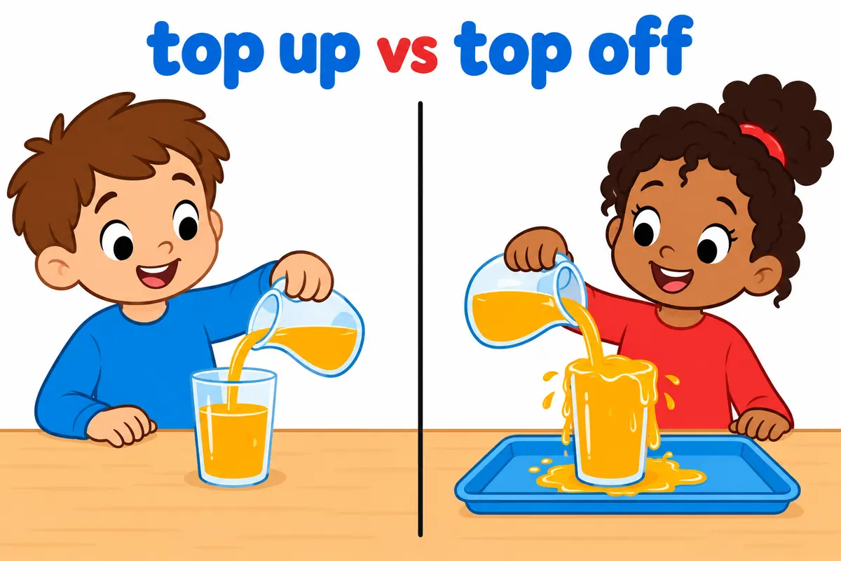 A cartoon split scene shows a half-full glass being topped up and a glass filled to the brim being topped off.