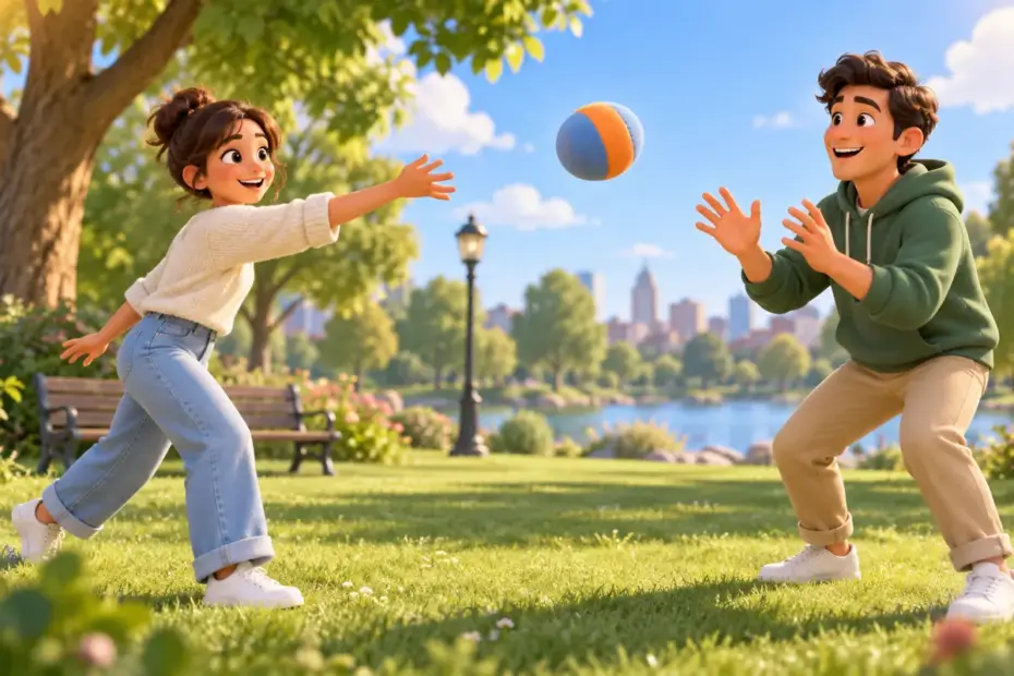 A person gently tosses a soft ball to a friend in a sunny park.