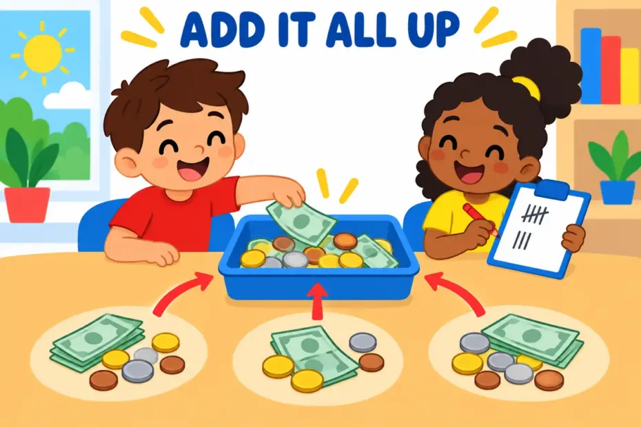 Cartoon children stack coins and notes into one pile, showing total up in a sentence as adding several amounts to one figure.