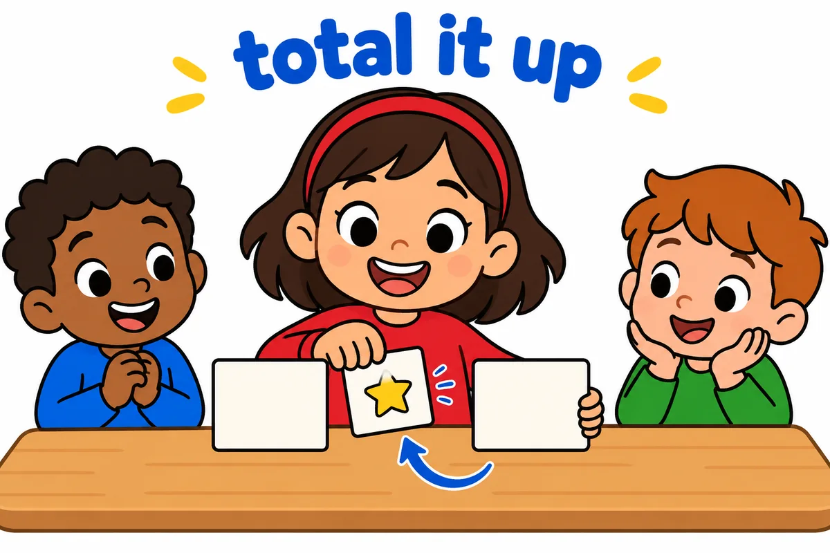 A cartoon child drops a card labelled it into the gap between the word total and the word up on a board.