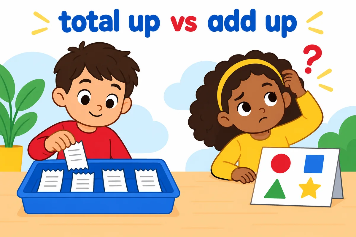 A single cartoon scene contrasts a child adding receipts with a puzzled child looking at figures that do not make sense.