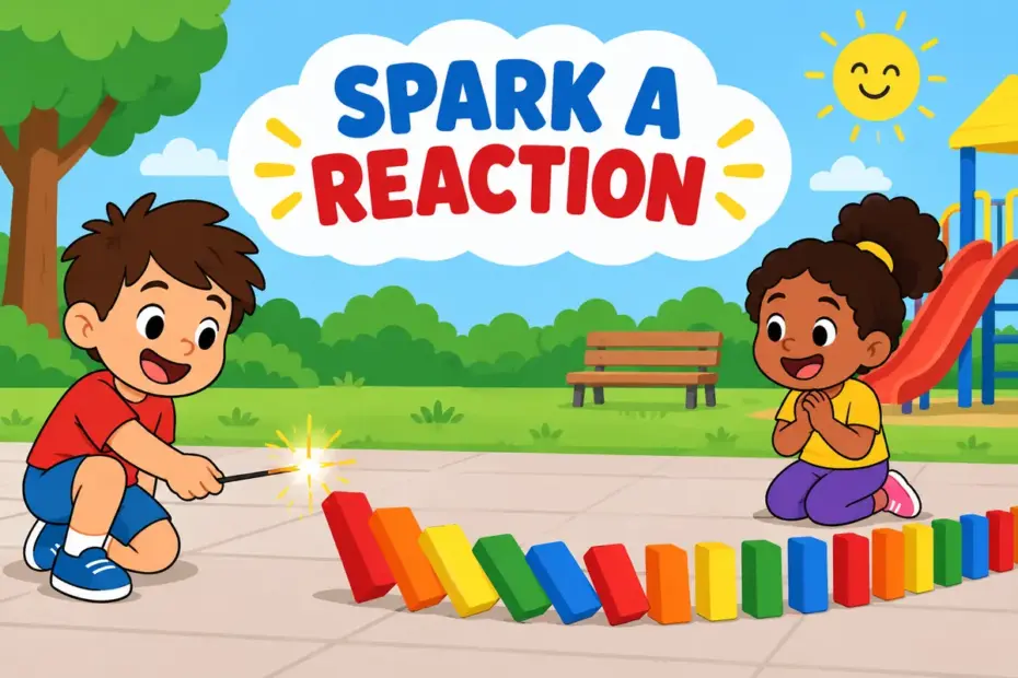 A cartoon child lights a safe sparkler and a chain of paper dominoes begins to fall, showing touch off in a sentence.