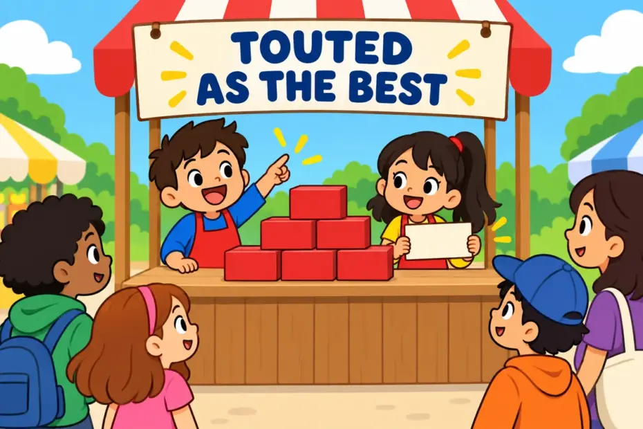 Cartoon children hold up a cardboard stall sign, showing tout in a sentence as loud promotion of a product.