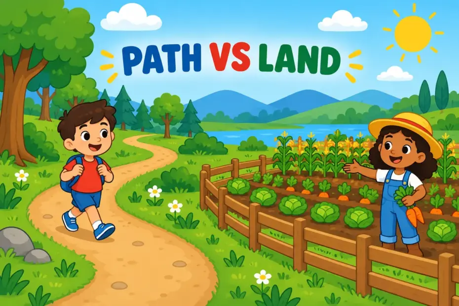 A cartoon scene contrasts a winding forest path with a fenced field, showing track vs tract as path against land.